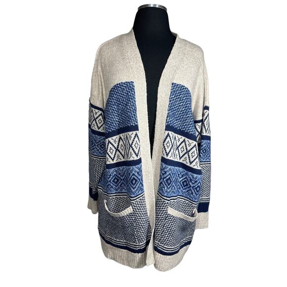 Pink Clover Mackinley Long Sleeve Open Knit Cardigan Pockets Blue Tan Size M - Picture 1 of 13